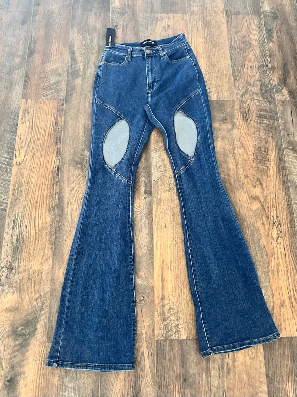 Fashion Nova Dark Blue Flared Jeans with cut out Knee Panels